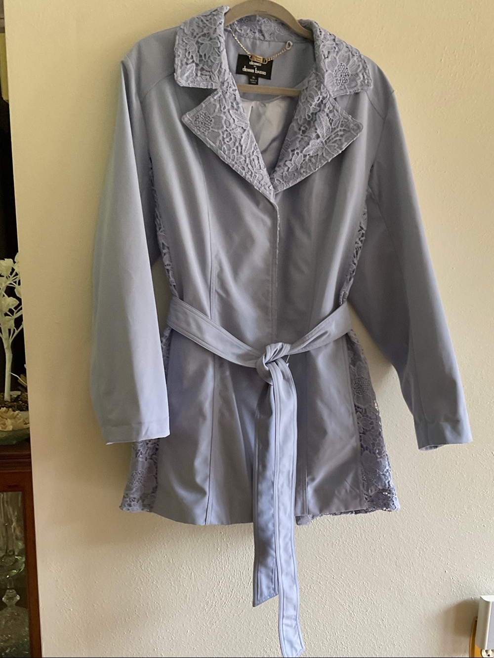 dennis basso Periwinkle Lace-Trim Belted Robe Jacket